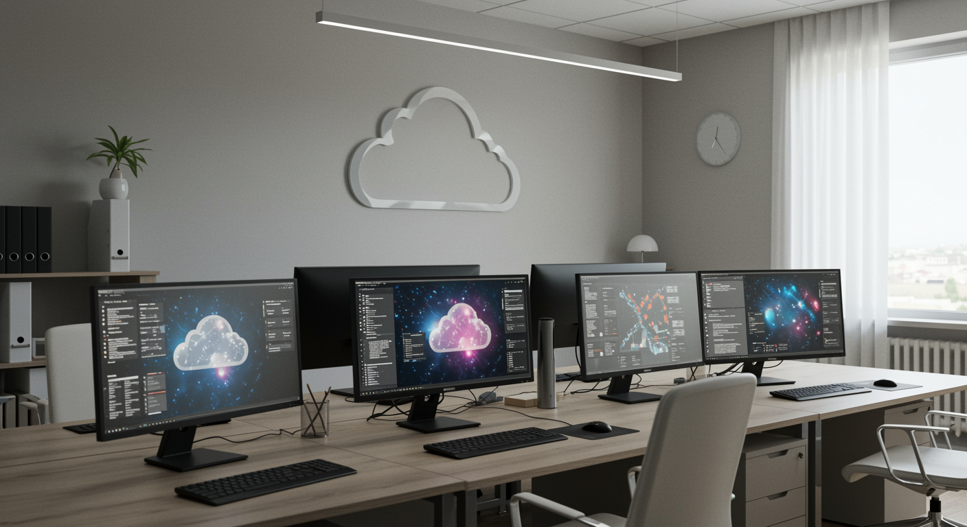 Modern office with computers showcasing cloud computing interface, professional and clean IT workspace
