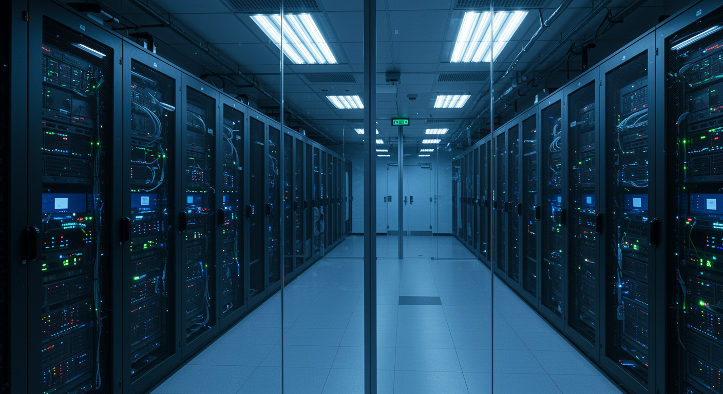 cybersecurity service page image for information technology company showing a modern server room with organized illuminated racks and secure atmosphere