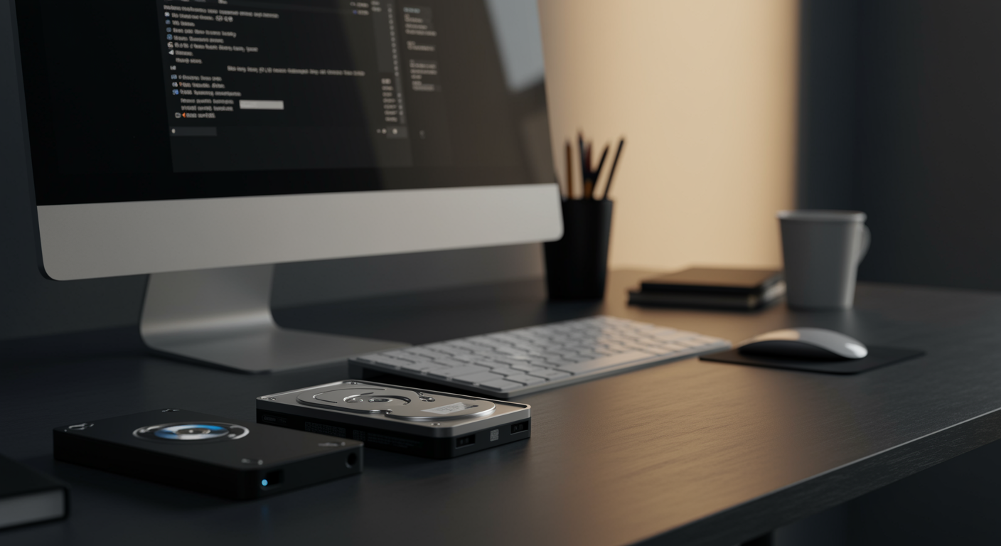 Restored computer and external drive in a modern IT workspace after professional data recovery