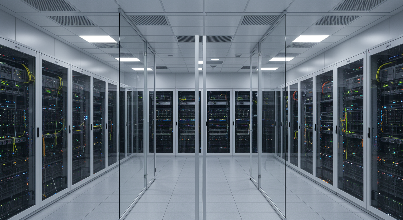 Organized server room with modern server racks and clean cable management, representing database management services by an information technology company