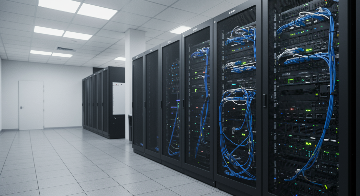 modern IT server room with organized network racks and ethernet cables in a professional office environment