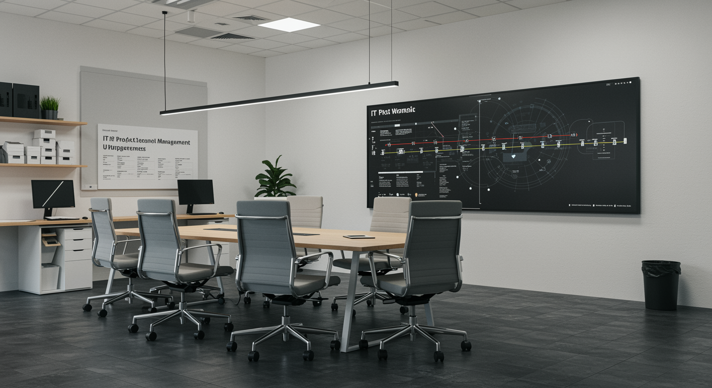 Modern IT project management office with digital project timeline screen and organized conference table