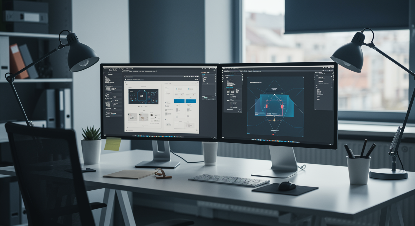 Modern IT workspace with computer screens showing software development interfaces in a clean office setting