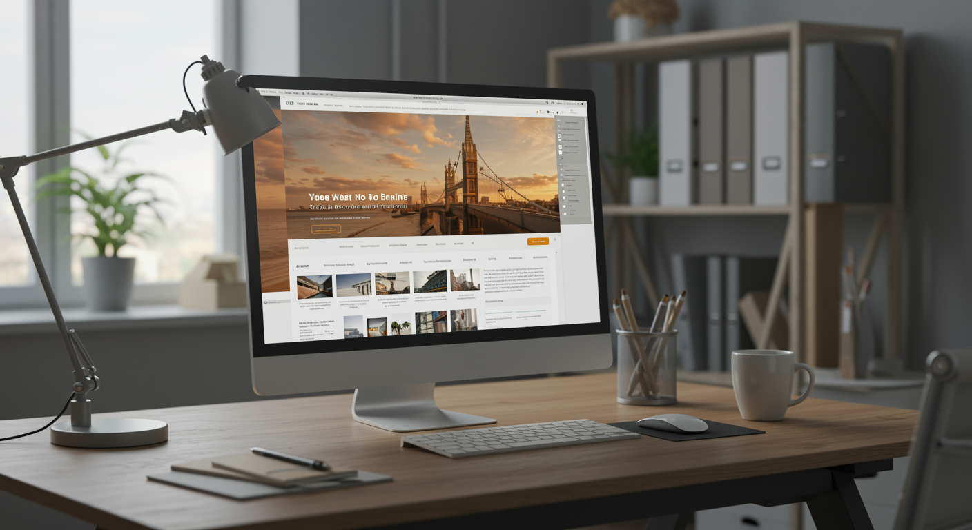 Modern IT office workspace with monitor displaying finished website design, clean desk and professional tech environment for web design services