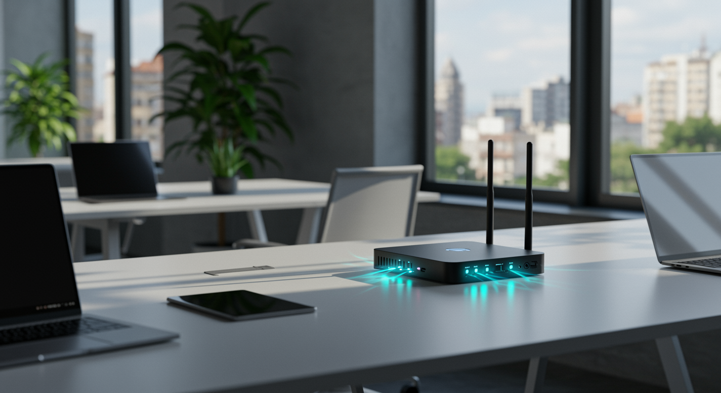 Modern office showing wireless wifi router on clean desk with connected devices and soft natural lighting, representing professional IT wifi services